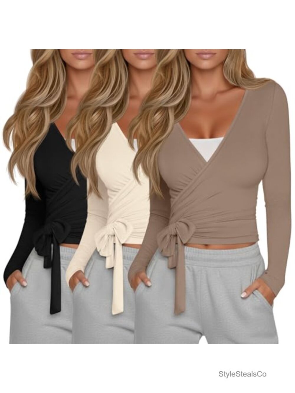 3 Pack Womens Pilates Wrap Tops Cotton Blend Long Sleeve Ballet Tie Yoga Shirts
